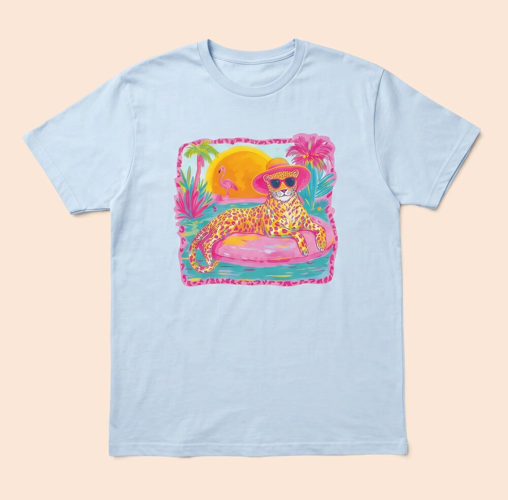 Sassy Summer Tropical Leopard & Flamingo Beach Graphic Tee - L